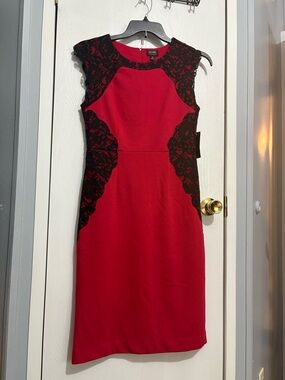 New Nicole Miller Red Sheath Dress with Black Lace Medium
